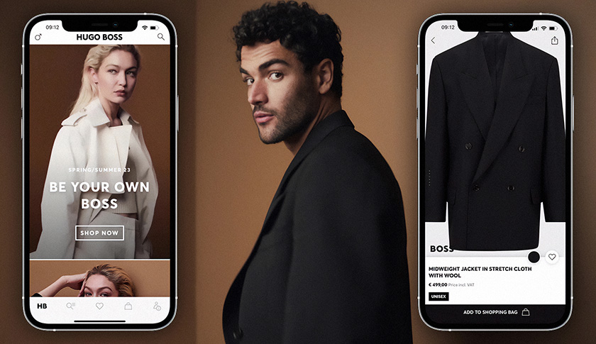 Ein männliches Model, das vor einem sandfarbenen Hintergrund posiert; zwei Models von Smartphones, die die Hugo Boss App zeigen (Foto)